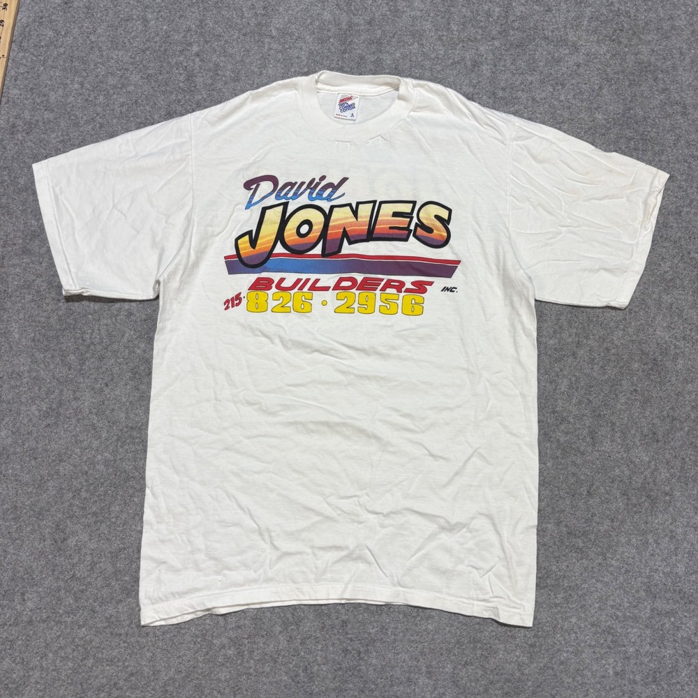 Vintage Jerzees David Jones Builders Graphic T-Shirt White Large Made in USA